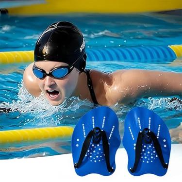 Imagem de Remos de mão de natação para homens e mulheres, equipamento de treinamento de adultos para natação de colo, melhora a velocidade e a técnica (1 par), azul