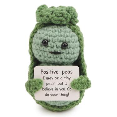 Imagem de Solarfun Ervilhas positivas de crochê feitas à mão – Arte de fio Amigurumi com cartão inspirador, presente motivacional para colegas de trabalho e professores, decoração de mesa de escritório em casa