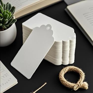 Imagem de Etiquetas de papel kraft com barbante 100 etiquetas de etiquetas de 5 x 3 cm para embalagem faça você mesmo artesanato escritório casamento uso (branco)