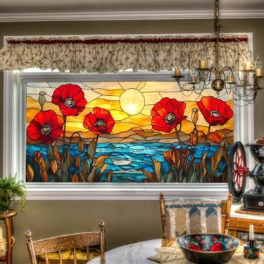 Imagem de HOMETITUTE Película para janela de vitral flor de papoula vermelha pôr do sol oceano decorativo janela adesivos de vidro de privacidade para casa, sala de estar, quarto, cozinha, efeito de arte de luz