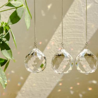 Imagem de 3Psc Bola de cristal colorida de 4 cm para pendurar na janela, enfeites de vidro refletivo com correntes para exibição interna, jardim ou varanda