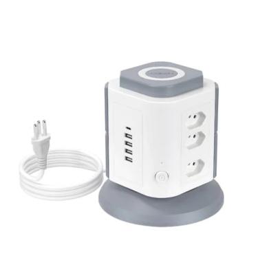 Imagem de Torre de Tomadas Multifuncional, Branca, 9 Tomadas com 4 Portas USB e 1 Type-C, Cabo de 2 Metros, Proteção Contra Sobrecarga, para Escritório e Casa