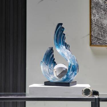 Imagem de XGZY Escultura abstrata de resina gradiente azul com bola de cristal, decoração de arte moderna de 26 cm, adequada para escritórios domésticos, centros de sala de estar, decorações exclusivas de mesa