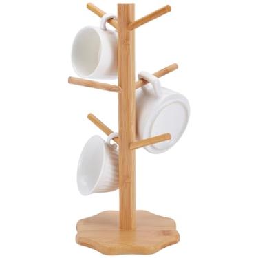 Imagem de UNICRAFTALE Canecas de bambu para bancada, suporte de árvore, suporte para xícaras de café, canecas de bambu, suportes sob o armário, 6 canecas, ganchos embaixo da prateleira para cozinha, café, bar