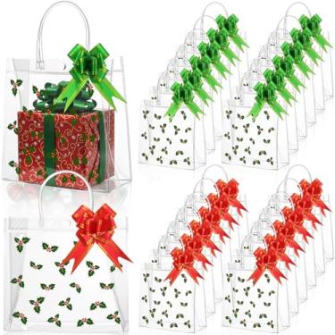 Imagem de Sweetude Pacote com 24 sacos de presente transparentes de Natal a granel com alças e laços verdes vermelhos 19 x 19 x 8 cm folhas de baga sacolas de doces de PVC para presente transparente para