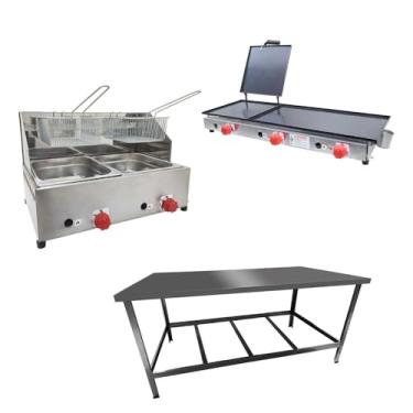 Imagem de Kit Lanchonete Mesa de Manipulação 120x55cm + Fritadeira a Gás 2 Cuba + Chapa a Gás 90cm Alcamar