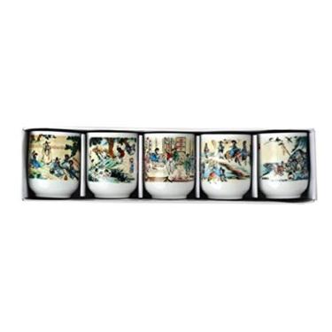Imagem de Shop of Korea Conjunto de copos de soju tradicional coreano - 5 copos retangulares de licor de porcelana, 212 g cada - Desfrute da arte do Shin Yun-bok com sua bebida favorita