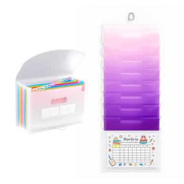 Imagem de Kit Pasta Sanfonada A4 com 12 Divisórias + Organizador de Documentos Pendurável 6 Bolsos Removíveis, Expandível, 36x88 cm, Arquivos, Escritório, Escola, Casa e Organização (Transparente e Roxo)