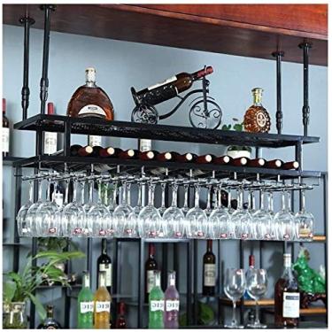 Imagem de Rack de vidro alto de dois andares pendurado rack de vinho bar suporte de copo pendurado para mesa decoração de vinho para casa rack de vinho europeu (cor: preto tamanho: 120 * 30 cm)