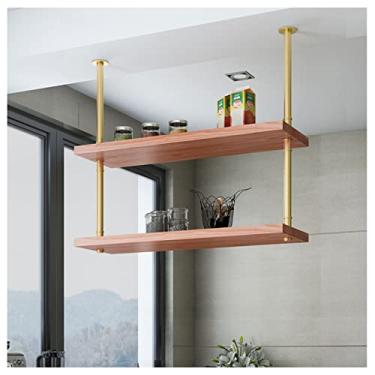 Imagem de Prateleira suspensa para decoração de teto, armário de pendurar em ferro forjado, rack de vinho, prateleira de madeira maciça estilo retrô, prateleira de uma palavra de parede (cor: ouro, tamanho: 60