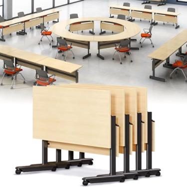 Imagem de Mesa de conferência, pacote com 4 mesas dobráveis para sala de conferências, mesa de treinamento dobrável, mesa de reunião móvel moderna com rodas bloqueáveis para escritório, sala de aula, escola