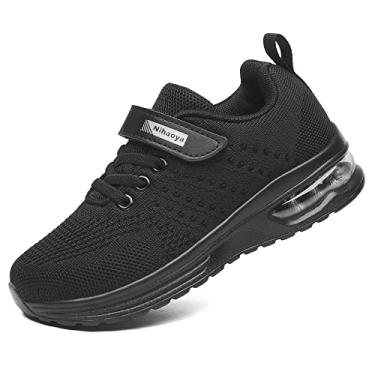 Imagem de IGBAY Sapatos para meninos e meninas, sapatilhas acolchoadas para corrida, tamanho 1-12, calçado desportivo para caminhada, leve, respirável, Preto, 2 US Little Kid