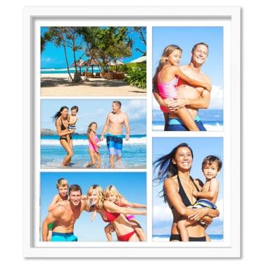 Imagem de HUICAPTYI Moldura de colagem de 5 aberturas, 10 x 15 cm, moldura multifoto, decoração de parede ou mesa, exibição de fotos de família de madeira maciça para sala de aula e escritório (branca)