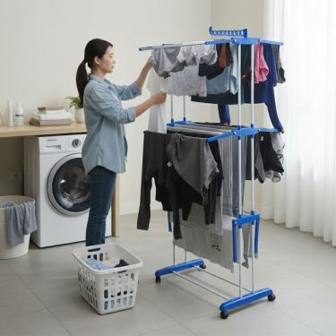 Imagem de Varal de Chão Dobrável Inox Vertical Grande 3 Andares com Rodas – Secador de Roupas Prático e Resistente