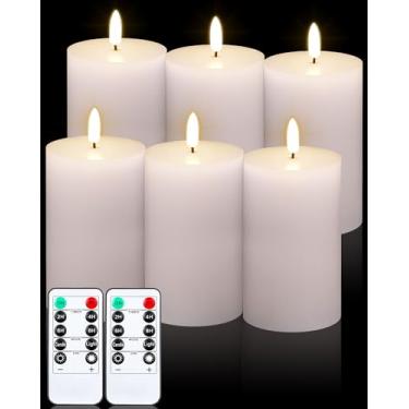Imagem de VIHOSE Conjunto de 6 velas brancas sem chama com controle remoto e temporizador, velas de bateria sem chama, pilar de topo plano para decoração de festa de casamento ao ar livre em casa (D 7,6 cm A
