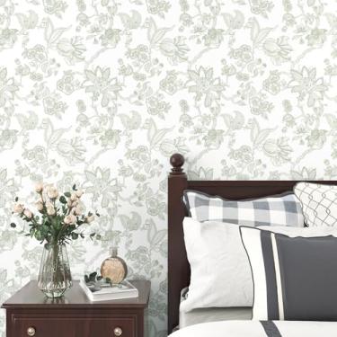 Imagem de EPPKILY Papel de parede floral verde descasque e cole papel de contato floral vintage para armários forro bancadas 44,5 cm x 259 cm papel de parede de flor verde autoadesivo removível papel de contato