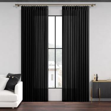 Imagem de Cortinas de linho pretas plissadas com 213 cm de comprimento para quarto, conjunto de 2 painéis, ajuste de luz, escurecimento, semitransparente, luxuosa, grossa, mistura de linho, cortina de janela