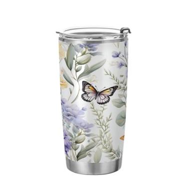 Imagem de xigua Copo de flores silvestres de jardim aquarela com tampa de palha, caneca de viagem a vácuo de parede dupla, caneca de café bem isolada, copo de aço inoxidável para bebidas quentes e frias, 600 ml