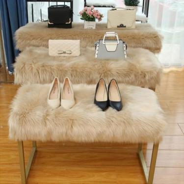 Imagem de Caminho de mesa de pelúcia de pele sintética de pele de carneiro, tapete decorativo para sala de estar, tapetes macios luxuosos, decoração de janela de casa, cáqui, 51 x 122 cm