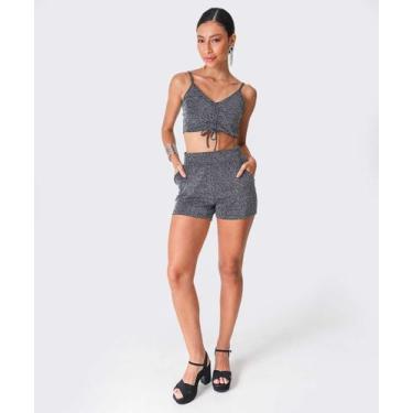 Imagem de Short Cintura Alta Feminino Brilho Lurex Marisa Preto-74058, Preto, G
