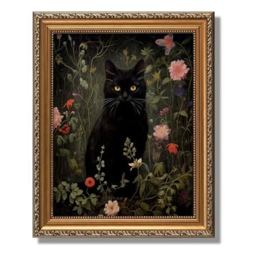 Imagem de ASTRDECOR Arte de parede vintage, decoração de parede 30,5 x 40,6 cm com moldura dourada - Gato preto