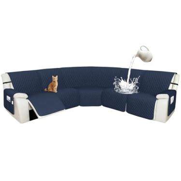 Imagem de Arfntevss Capas para sofá reclináveis 10% à prova d'água, em forma de L, capa de sofá reclinável em forma de L, lavável no canto, protetor de móveis antiderrapante (GG, 5 lugares, azul meia-noite)