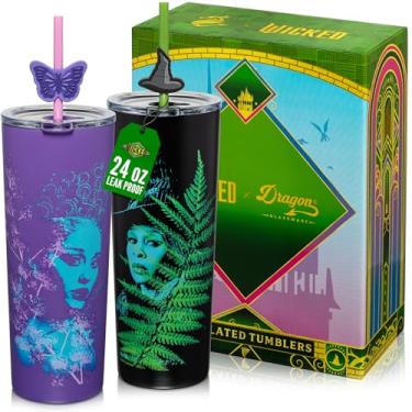 Imagem de Dragon Glassware x Wicked: For Good Pacote com 2 copos isolados a vácuo de 680 g com tampa e canudo - Conjunto de 2 copos malvados com 4 canudos e topos - Mercadoria oficial da Wicked - For Good