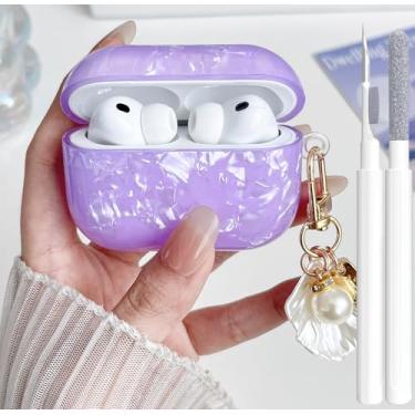 Imagem de OTOPO Capa para Airpods Pro 3ª geração para meninas e mulheres 2025 com kit de limpeza, estampa de glitter para Apple iPod Pro 3ª geração, capa protetora com chaveiro pérola, roxo