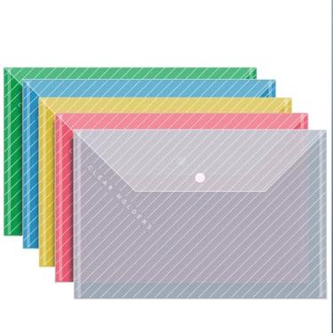 Imagem de Pastas de arquivo de plástico para documentos, 10 envelopes de plástico com fecho de pressão, pastas listradas transparentes, organizador de documentos reutilizável, tamanho A4 com bolsos