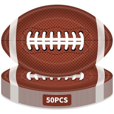 Imagem de PhyLence 50 pratos grandes de papel ovais de futebol americano – Pratos de jantar descartáveis de futebol americano marrom de 15 x 25 cm para festas de dia de jogo, festas traseiras, eventos