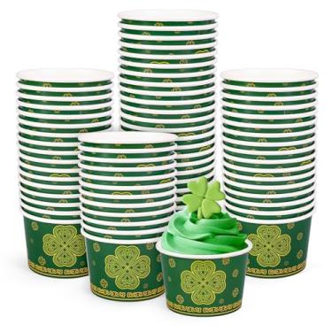 Imagem de Whaline Tigelas descartáveis de trevo de Dia de São Patrício Trevo da Sorte Verde 255 g Sorvete Sobremesa Comida Guloseimas Tigelas de papel para lembrancinhas de festa de férias irlandesas, 50 peças