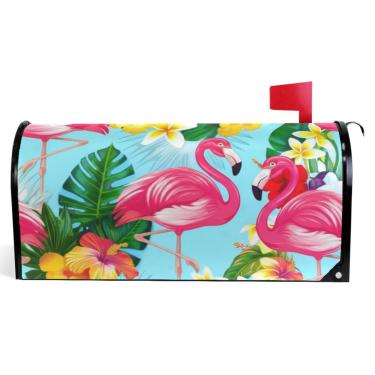 Imagem de TSENQUE Capas de caixa de correio magnéticas decorativas de outono caixa de correio envoltório de vinil caixa de correio moderna decoração de jardim flores tropicais flamingos rosa tamanho padrão 52,6