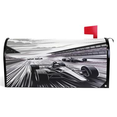 Imagem de TSENQUE Capas magnéticas decorativas para caixa de correio de primavera envoltórios de vinil caixa de correio moderna decoração de jardim desenho animado carro preto branco tamanho grande 64,5 x 52,8