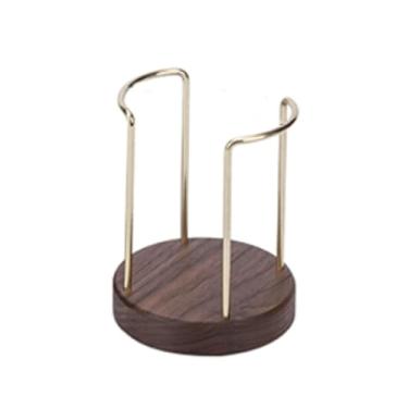 Imagem de LNQKJXIIA Boutiques US Porta-copos de madeira com detalhes de metal, organizador de mesa com vários compartimentos para canecas, garrafas, hotéis, restaurantes e escorredor de pratos