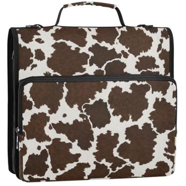 Imagem de Pasta de 3 anéis com textura de couro bovino marrom 3 argolas com zíper, bolsa de fichário para ensino médio com alça para negócios, vários bolsos, pasta grande, 34,5 x 31,5 x 9 cm