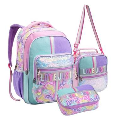 Imagem de Kit Material Escolar Infantil Feminino com Mochila de Costas Lancheira