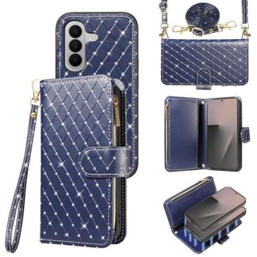 Imagem de Asuwish Capa carteira compatível com Samsung Galaxy Z Fold 7 com zíper e alça transversal com glitter flip porta-cartões para ZFold Z7 G Fold7 7Z mulheres meninas azul escuro