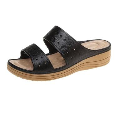 Imagem de Pantufas femininas casuais de verão com boca de peixe salto cunha grossa confortável para uso externo interno material PU, Preto, 36