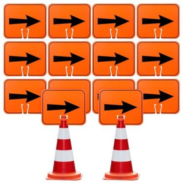 Imagem de 12 placas de seta de cone de trânsito 32 x 26,4 cm reversível laranja sinalização de desvio cone de estrada superior direcional esquerda direita setas sinal de aviso de trânsito para construção