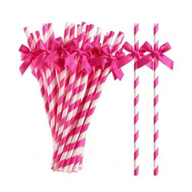 Imagem de 20 canudos de laço vermelho rosa, gravatas-borboleta descartáveis decorativos para coquetéis, canudo de papel fofo biodegradável de 19,6 cm, aniversário, piquenique, casamento, suprimentos de festa