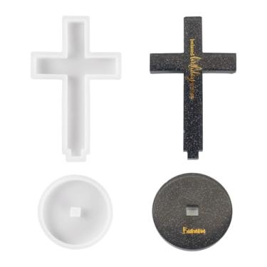 Imagem de Beadthoven Molde cruzado de silicone com base em pé, molde de fundição de resina epóxi, crucifixo, moldes de enfeite de Natal de Halloween para decoração de casa