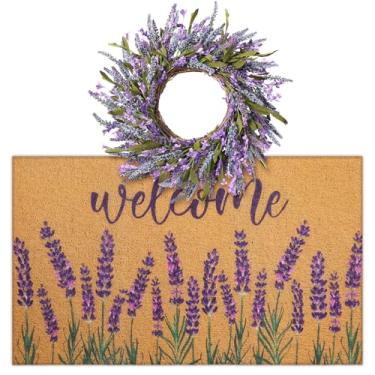 Imagem de Tingjoo 2 peças de capacho de lavanda de coco natural, guirlanda de verão e tapete de porta 43 x 73 cm, tapete de boas-vindas roxo lavanda e guirlanda de porta da frente para entrada de casa, pátio