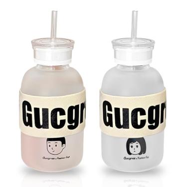 Imagem de Yenergy 2 garrafas de água de vidro fofas de 473 ml com tampas e canudos, 500 ml com 2 tampas Copos portáteis de vidro fosco para suco, leite, café, presente para inauguração de casa, crianças