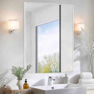 Imagem de Sunniry Espelho de banheiro branco, espelhos de banheiro para pia 61 x 91 cm, espelhos retangulares com moldura de metal de alumínio para decoração de parede, sala de estar, entrada, quarto.
