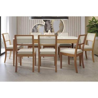 Imagem de Conjunto Mesa Mira Premium Madeira Maciça c/ Tampo Madeirado c/ Vidro 200x100cm e 8 Cadeiras Lola Carvalho/Off White - Linho Bege Argila Kappesberg