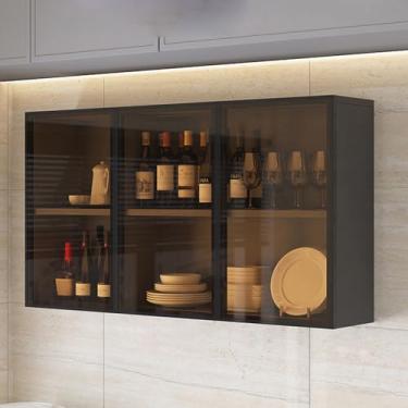 Imagem de Armário de armazenamento de banheiro de vidro montado na parede com alça oculta - Prateleira organizadora estreita marrom/cinza para cozinha, sala de estar e soluções de armazenamento sobre o vaso