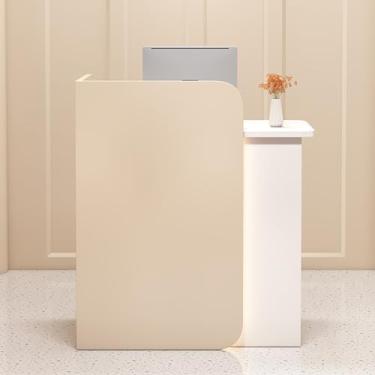 Imagem de Mesa de recepção moderna, balcão de caixa de varejo, mesa de recepção com luzes LED, balcão frontal com gaveta com trava, para supermercado, loja de conveniência, hotel, lobby e escritório (amêndoa +