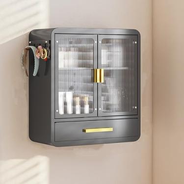 Imagem de Armário de armazenamento de parede com portas duplas de vidro, organizador versátil de banheiro e cozinha, prateleiras deslizantes, armário de parede elegante para armazenamento de maquiagem e