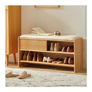 Imagem de Sapateira de madeira para entrada da porta da frente, banco de armazenamento para entrada, com almofada, organizador de sapatos de 2 níveis e banco de entrada, banco de sapatos elegante para entrada