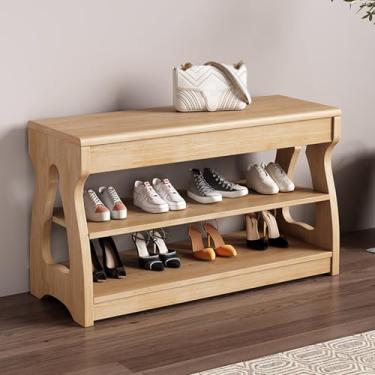 Imagem de Banco de sapato de entrada de madeira, banco de armazenamento rústico de 2 níveis, organizador de banco de sapateira, banco de canto para sala de estar corredor porta de mudroom (amarelo, 100 x 30 cm